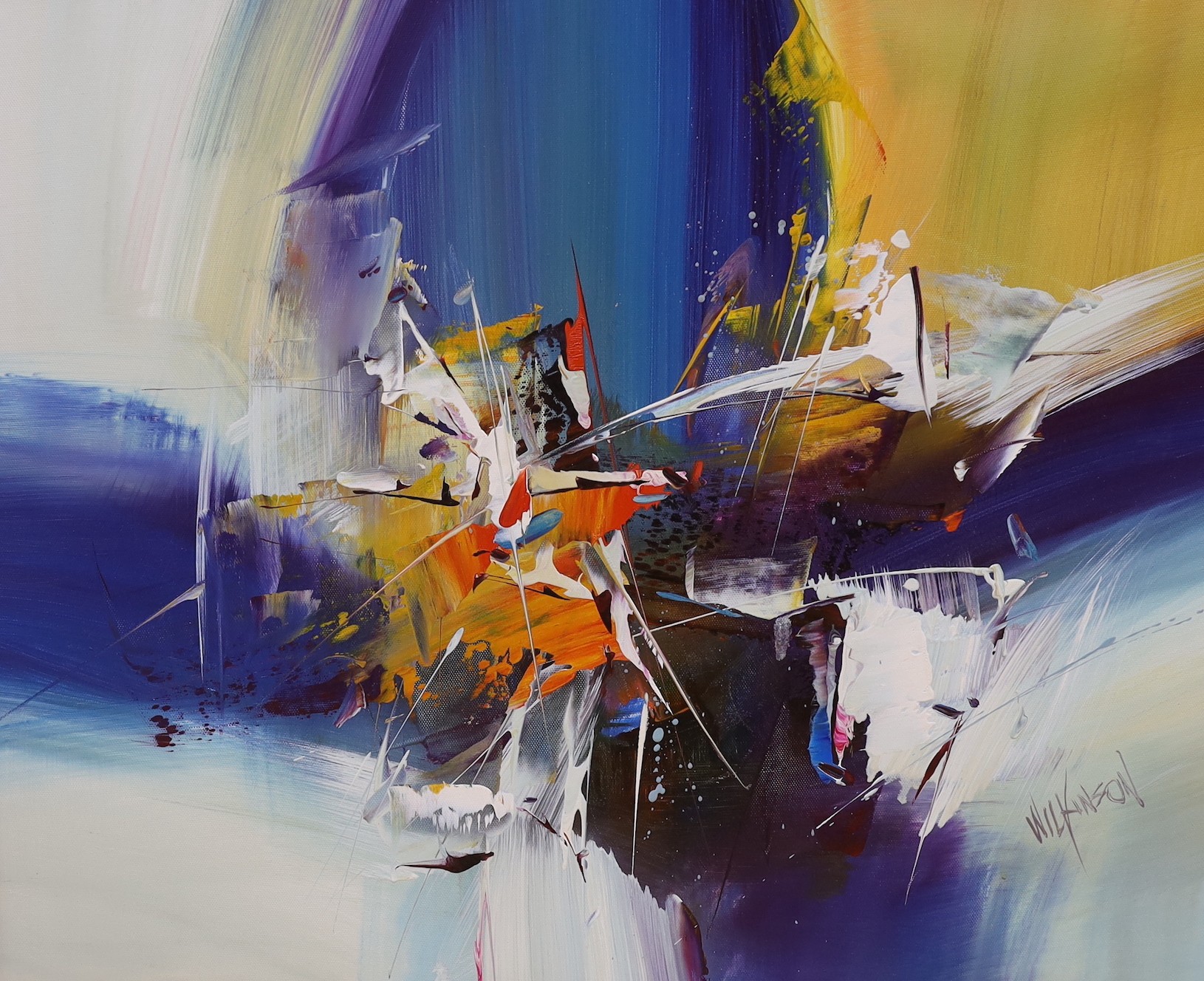 Mary Wilkinson (British contemporary), a pair of oil on canvas, abstract scenes, both signed, 50 x 60cm